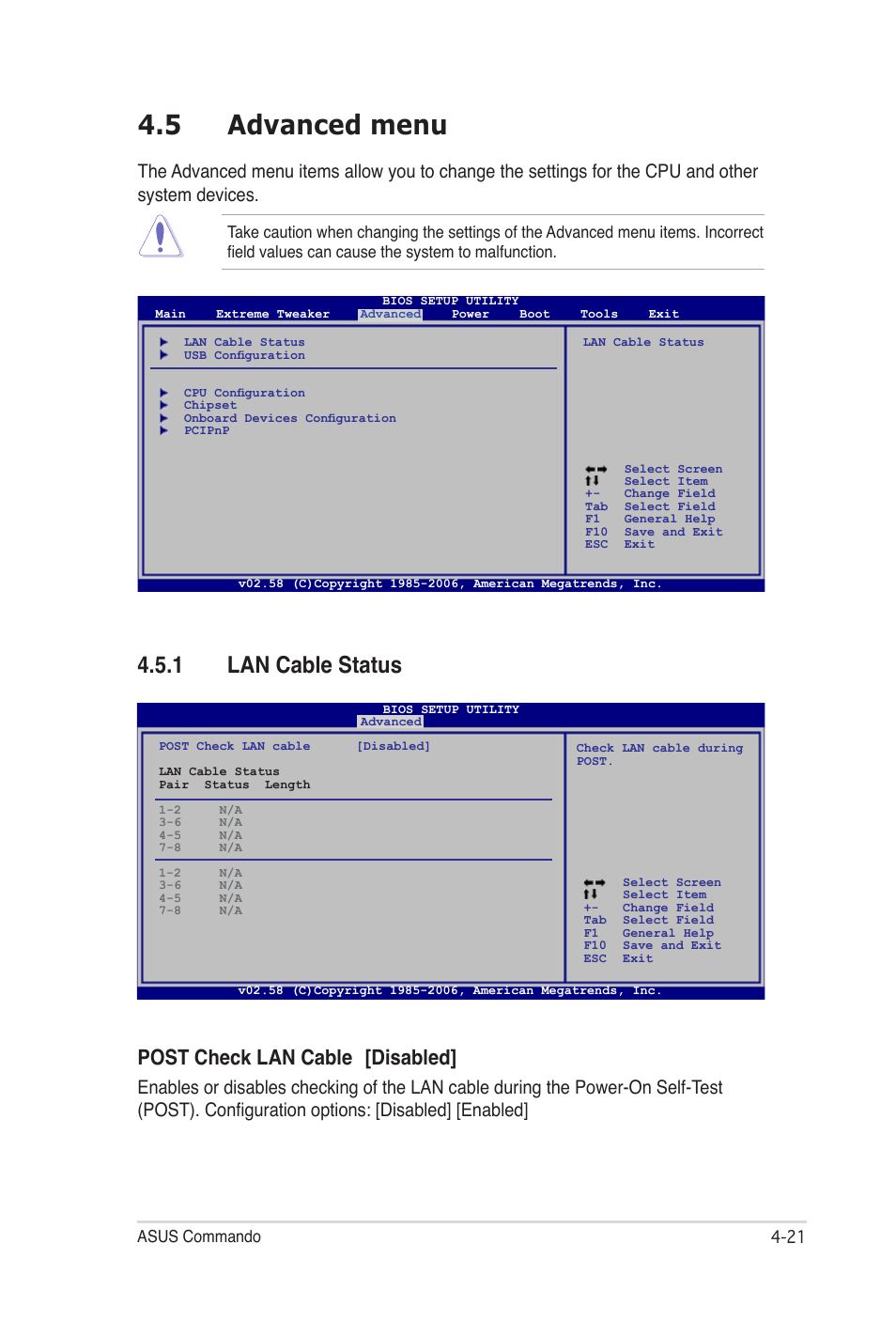 5 advanced menu, 1 lan cable status, Post check lan cable [disabled | Asus E2938 User Manual | Page 89 / 154