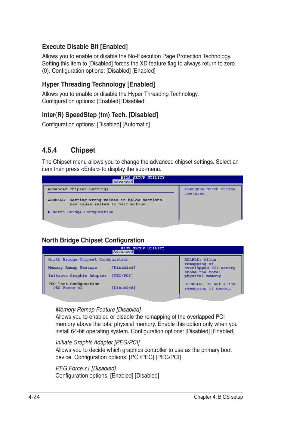 4 chipset, Execute disable bit [enabled, Hyper threading technology [enabled | Inter(r) speedstep (tm) tech. [disabled, North bridge chipset configuration, Configuration options: [disabled] [automatic | Asus E2938 User Manual | Page 92 / 154