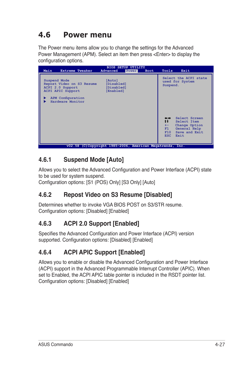 6 power menu, 1 suspend mode [auto, 2 repost video on s3 resume [disabled | 3 acpi 2.0 support [enabled, 4 acpi apic support [enabled | Asus E2938 User Manual | Page 95 / 154