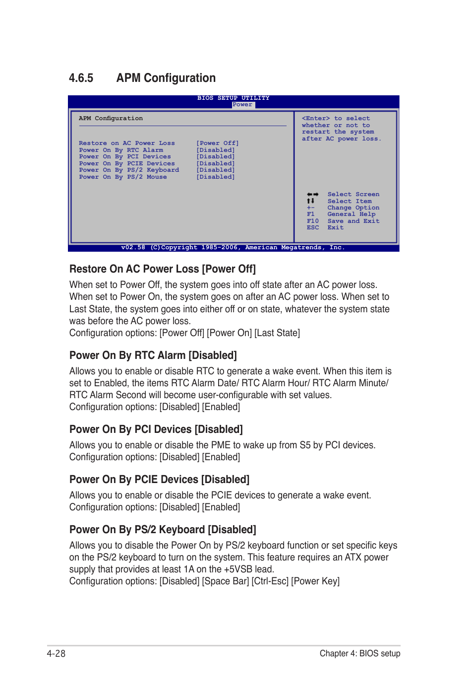 5 apm configuration, Restore on ac power loss [power off, Power on by rtc alarm [disabled | Power on by pci devices [disabled, Power on by pcie devices [disabled, Power on by ps/2 keyboard [disabled | Asus E2938 User Manual | Page 96 / 154