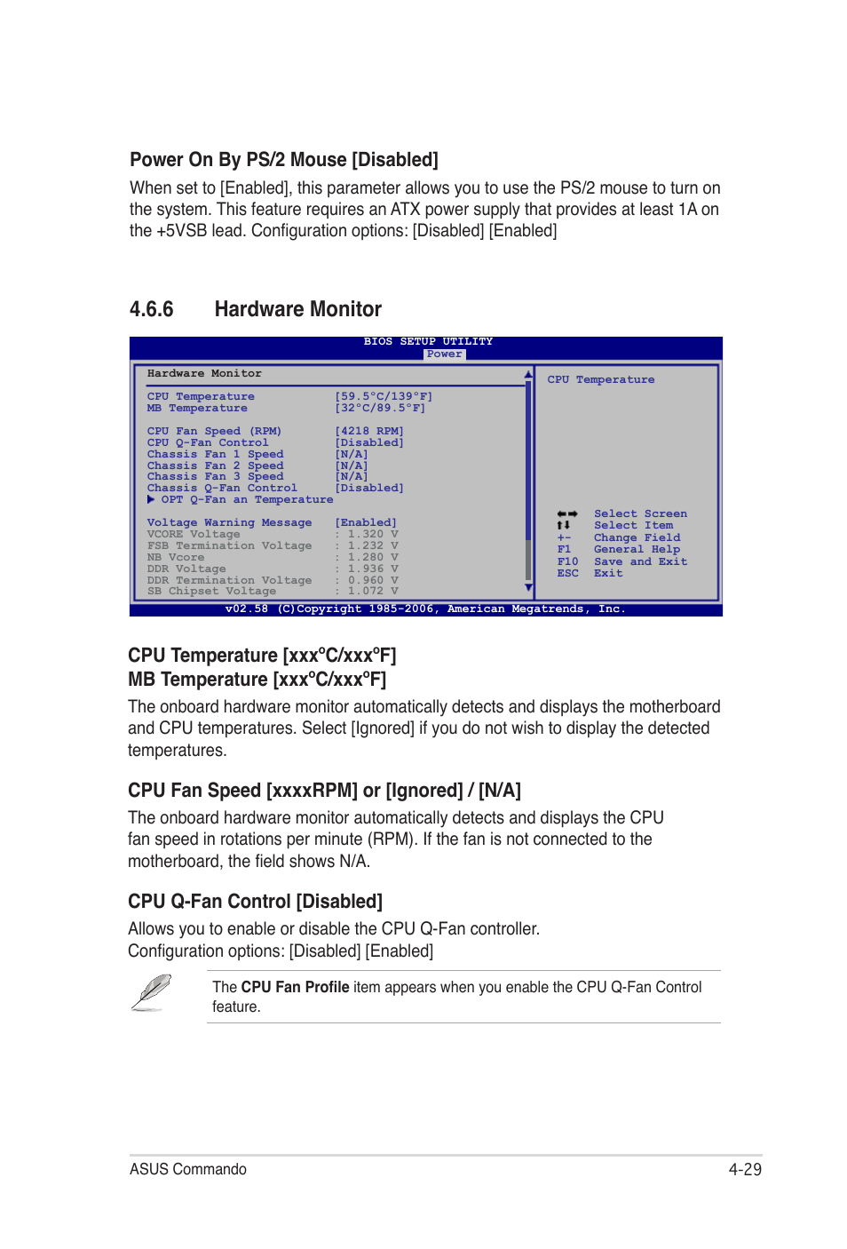 6 hardware monitor, Power on by ps/2 mouse [disabled, Cpu q-fan control [disabled | Asus E2938 User Manual | Page 97 / 154