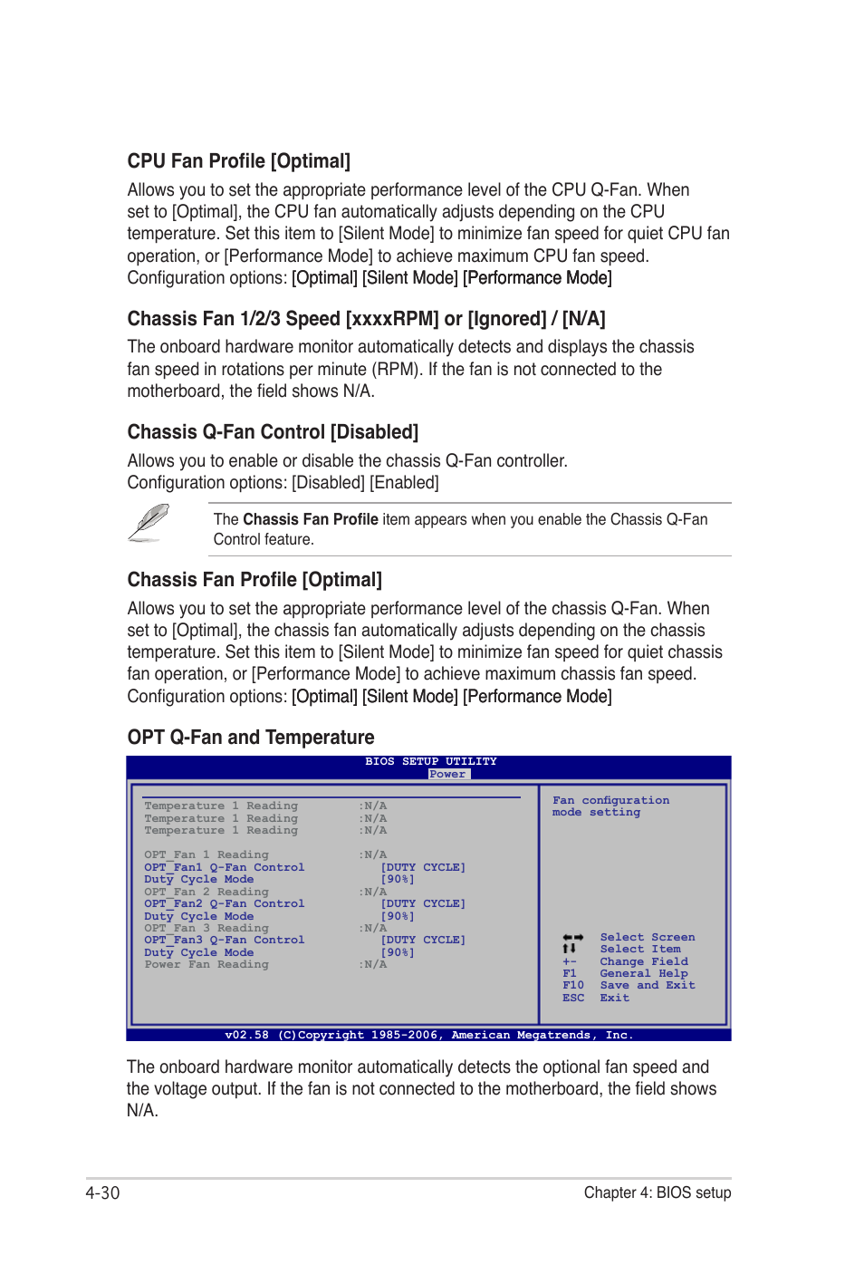 Cpu fan profile [optimal, Chassis q-fan control [disabled, Chassis fan profile [optimal | Opt q-fan and temperature | Asus E2938 User Manual | Page 98 / 154