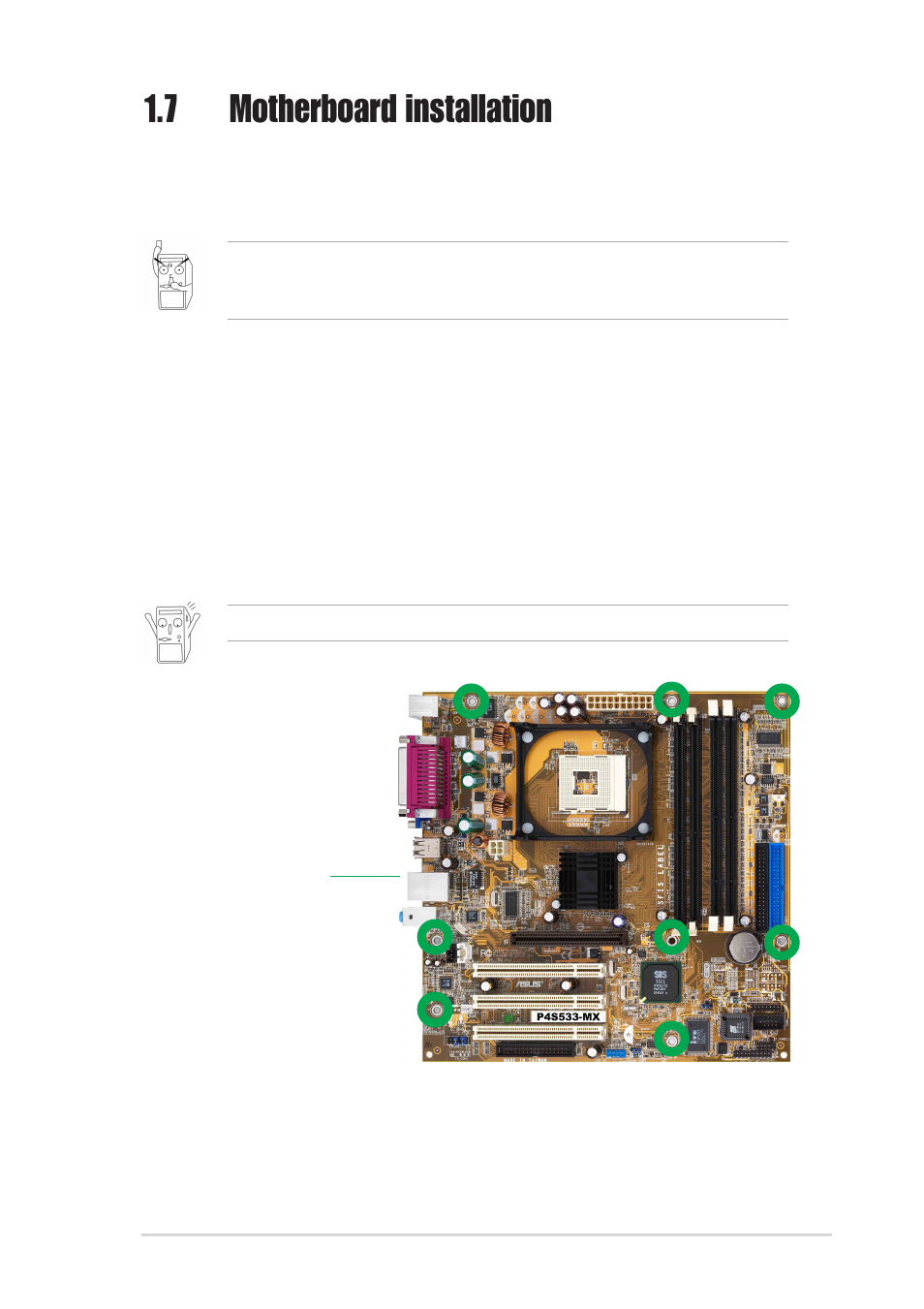 7 motherboard installation, 1 placement direction, 2 screw holes | Asus P4S533-MX User Manual | Page 19 / 64