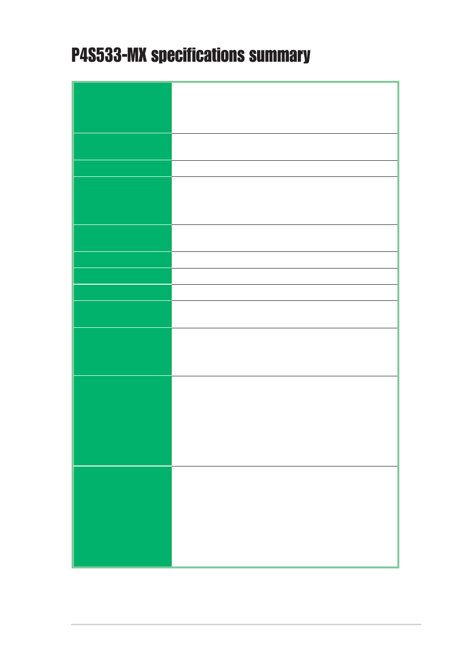 P4s533-mx specifications summary | Asus P4S533-MX User Manual | Page 9 / 64