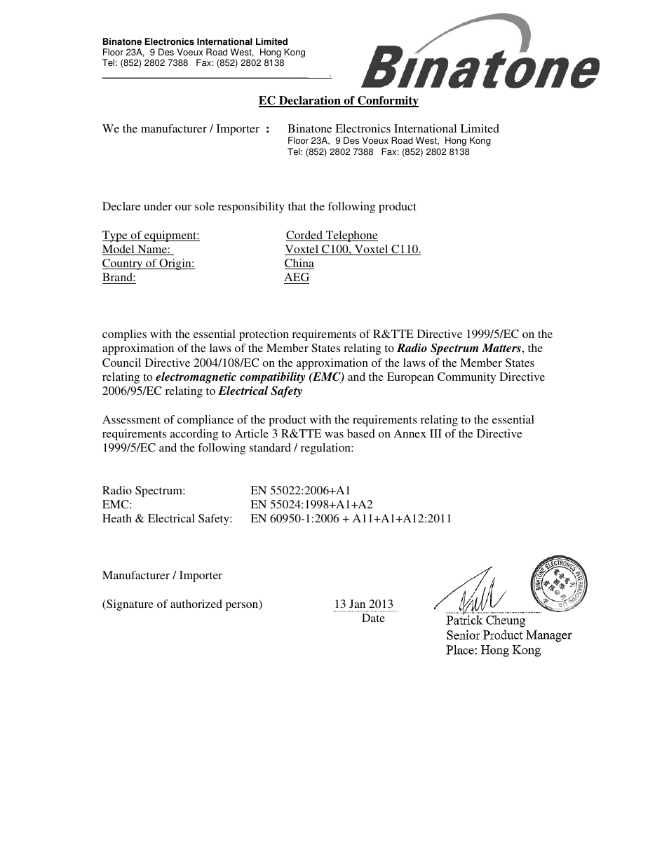 AEG Voxtel C110 User Manual | 1 page