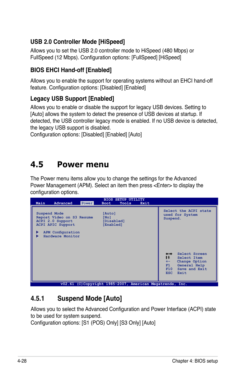 5 power menu, 1 suspend mode [auto, Usb 2.0 controller mode [hispeed | Bios ehci hand-off [enabled, Legacy usb support [enabled | Asus DELUXE SERIES M3A32-MVP User Manual | Page 100 / 176