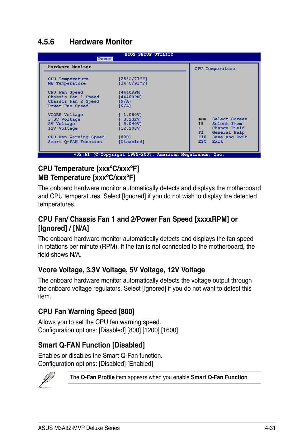 6 hardware monitor, Cpu fan warning speed [800, Smart q-fan function [disabled | Asus DELUXE SERIES M3A32-MVP User Manual | Page 103 / 176