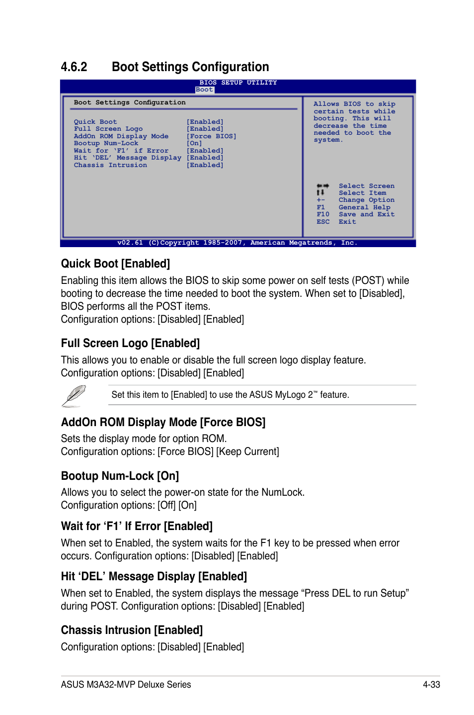 2 boot settings configuration, Quick boot [enabled, Full screen logo [enabled | Addon rom display mode [force bios, Bootup num-lock [on, Wait for ‘f1’ if error [enabled, Hit ‘del’ message display [enabled, Chassis intrusion [enabled | Asus DELUXE SERIES M3A32-MVP User Manual | Page 105 / 176