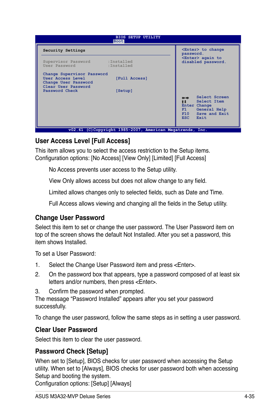 User access level [full access, Change user password, Clear user password | Password check [setup, Select this item to clear the user password | Asus DELUXE SERIES M3A32-MVP User Manual | Page 107 / 176