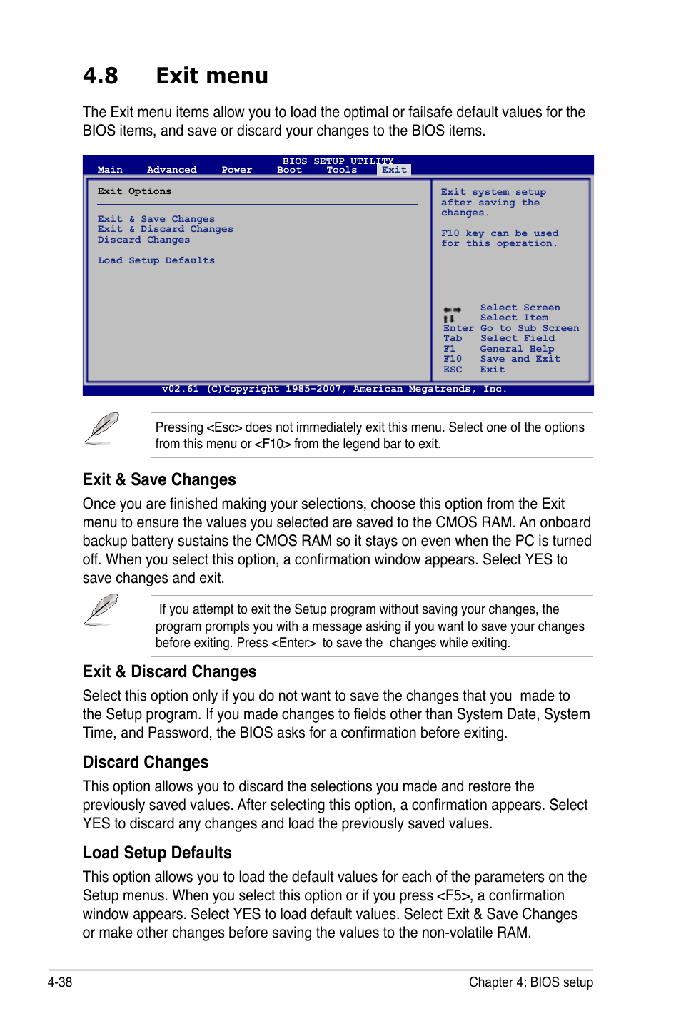 8 exit menu, Exit & save changes, Exit & discard changes | Discard changes, Load setup defaults | Asus DELUXE SERIES M3A32-MVP User Manual | Page 110 / 176