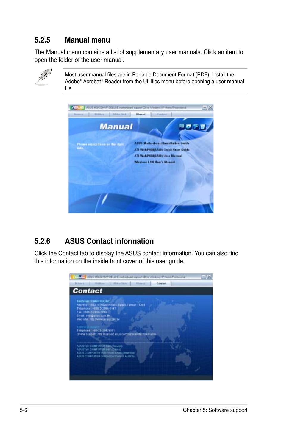 5 manual menu, 6 asus contact information | Asus DELUXE SERIES M3A32-MVP User Manual | Page 118 / 176