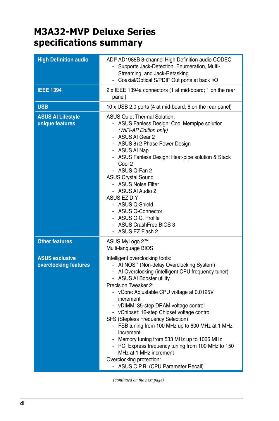 M3a32-mvp deluxe series specifications summary | Asus DELUXE SERIES M3A32-MVP User Manual | Page 12 / 176