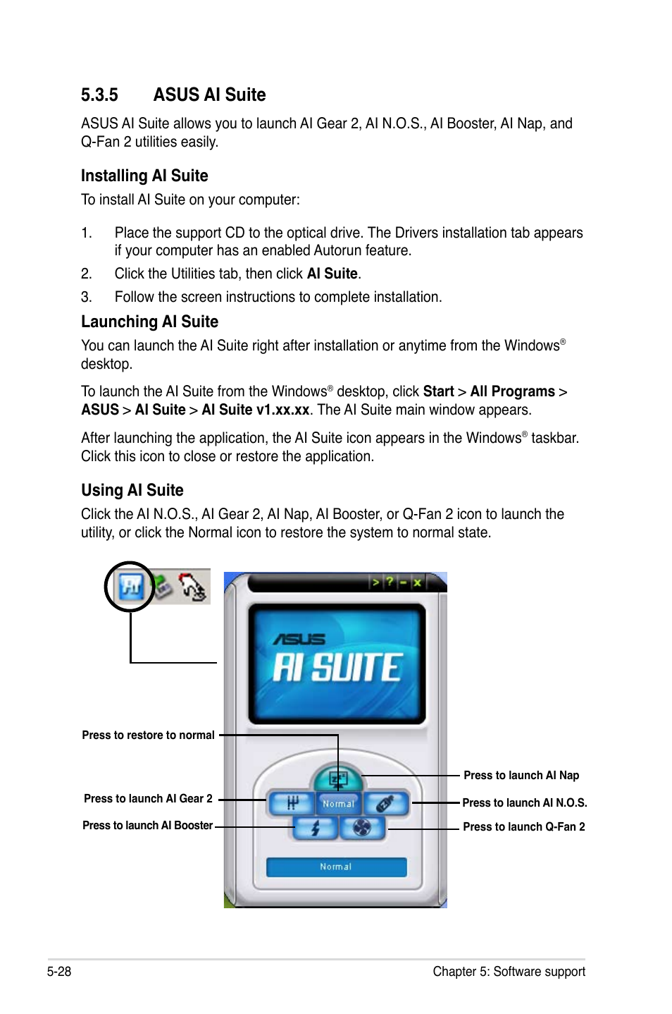 5 asus ai suite, Installing ai suite, Launching ai suite | Using ai suite | Asus DELUXE SERIES M3A32-MVP User Manual | Page 140 / 176