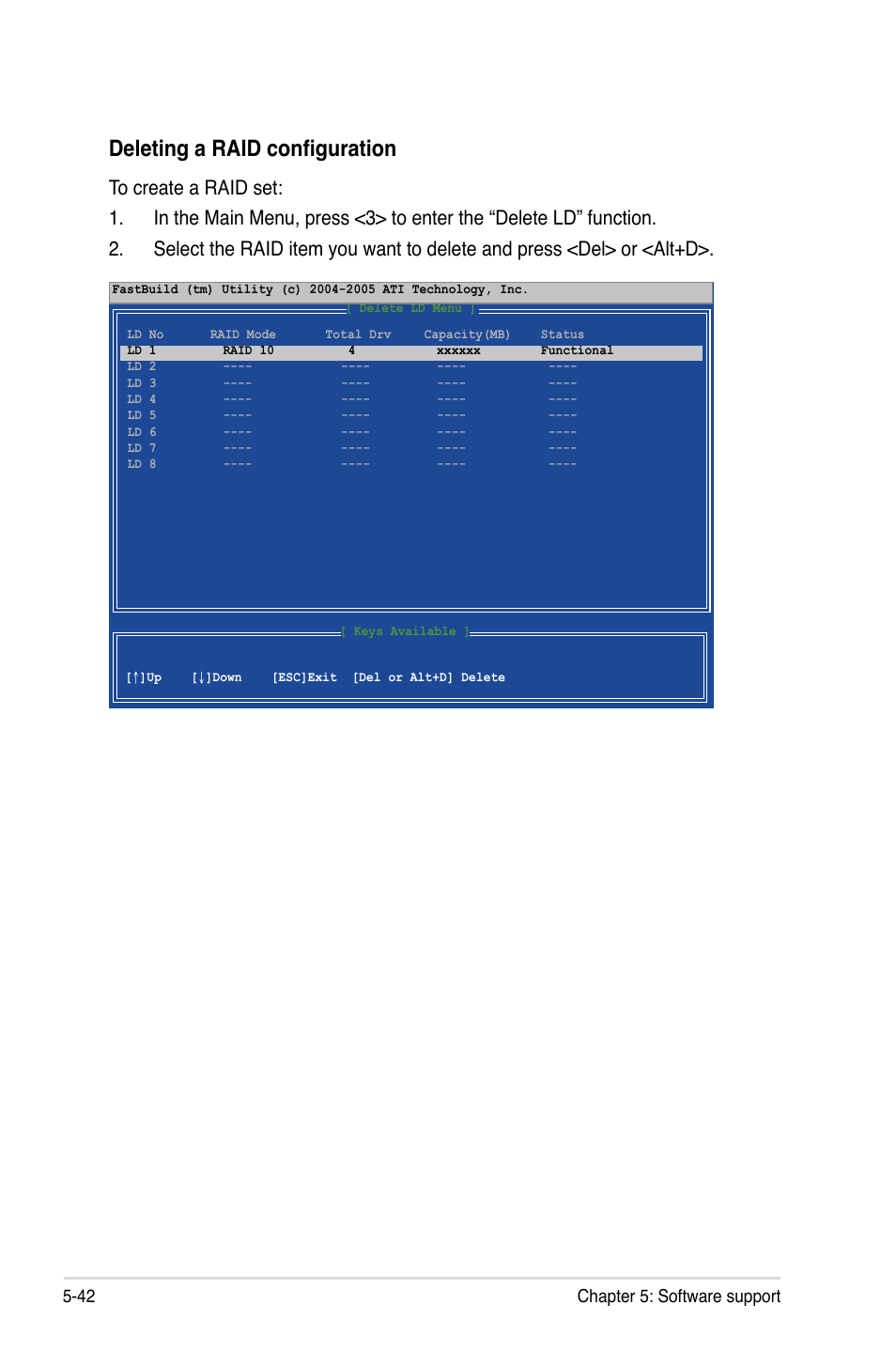 Deleting a raid configuration, 42 chapter 5: software support | Asus DELUXE SERIES M3A32-MVP User Manual | Page 154 / 176