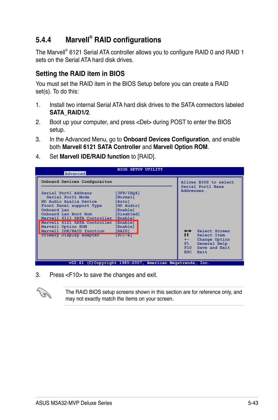 4 marvell, Raid configurations, Setting the raid item in bios | The marvell, Press <f10> to save the changes and exit | Asus DELUXE SERIES M3A32-MVP User Manual | Page 155 / 176