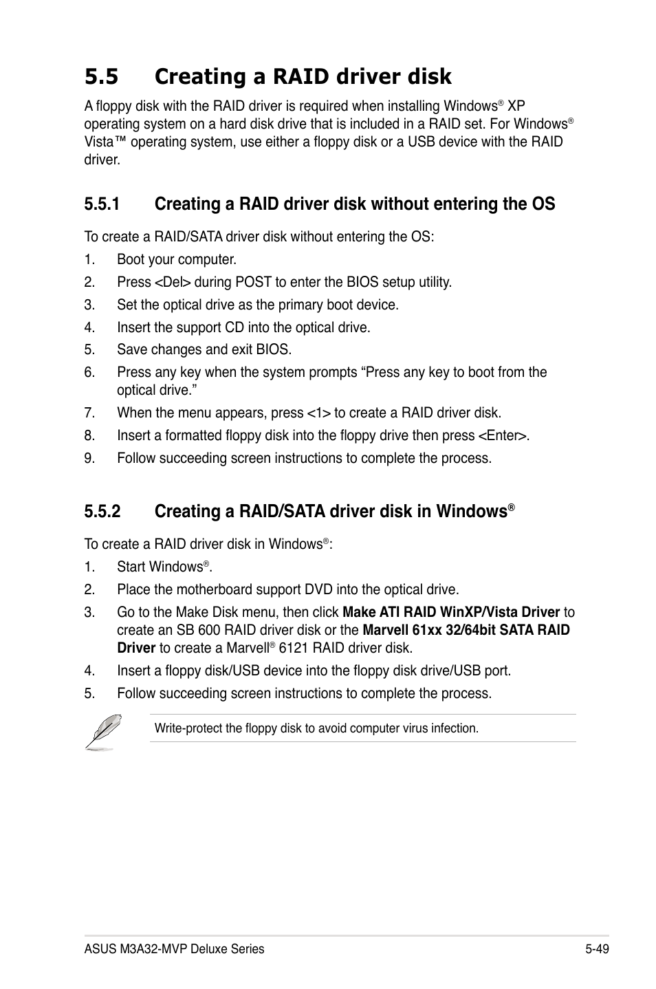 5 creating a raid driver disk, 2 creating a raid/sata driver disk in windows | Asus DELUXE SERIES M3A32-MVP User Manual | Page 161 / 176