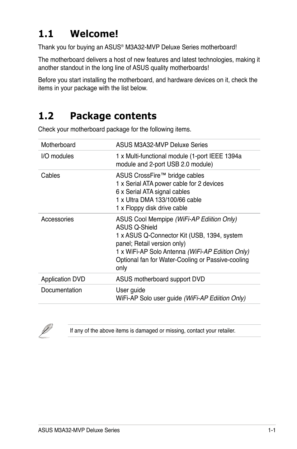 1 welcome, 2 package contents | Asus DELUXE SERIES M3A32-MVP User Manual | Page 17 / 176