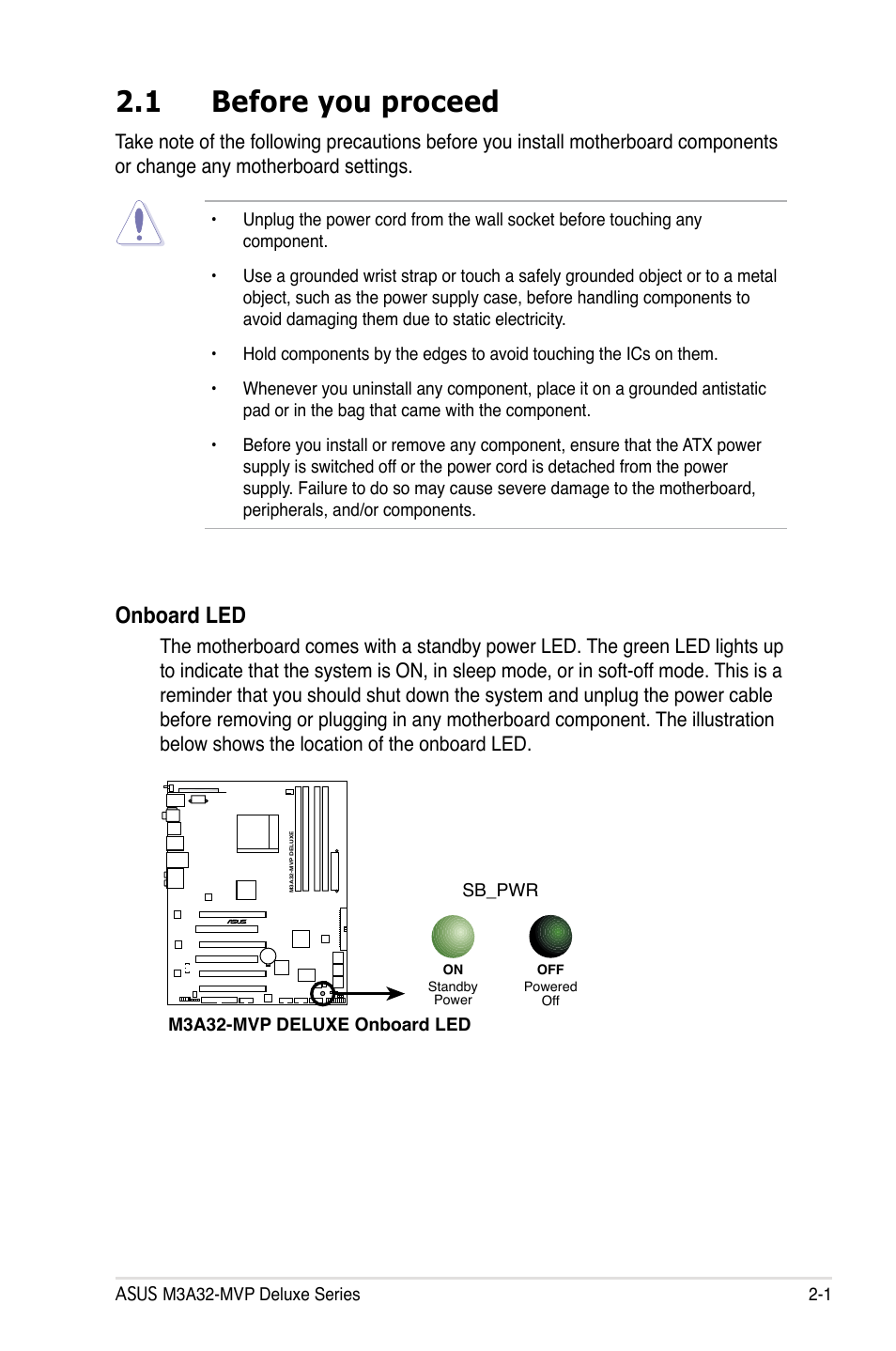 1 before you proceed, Onboard led | Asus DELUXE SERIES M3A32-MVP User Manual | Page 27 / 176