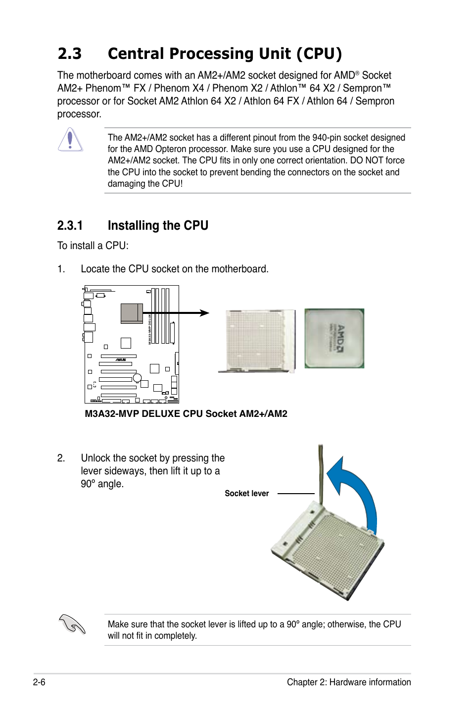 3 central processing unit (cpu), 1 installing the cpu | Asus DELUXE SERIES M3A32-MVP User Manual | Page 32 / 176