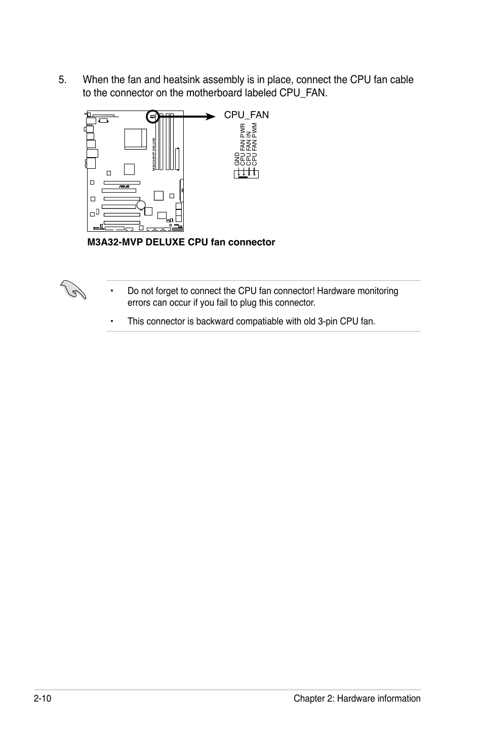 10 chapter 2: hardware information, M3a32-mvp deluxe cpu fan connector cpu_fan | Asus DELUXE SERIES M3A32-MVP User Manual | Page 36 / 176