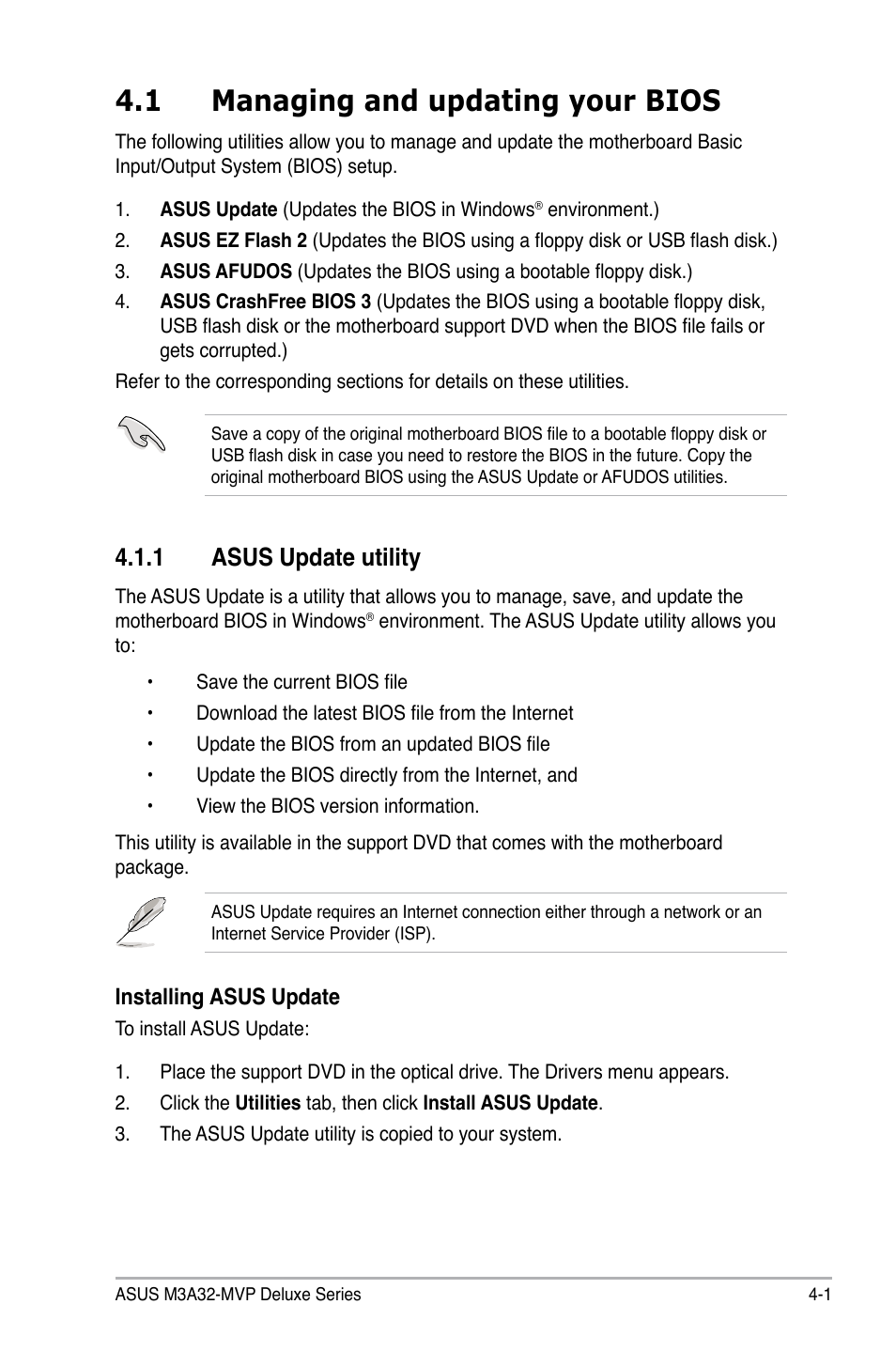 1 managing and updating your bios, 1 asus update utility | Asus DELUXE SERIES M3A32-MVP User Manual | Page 73 / 176