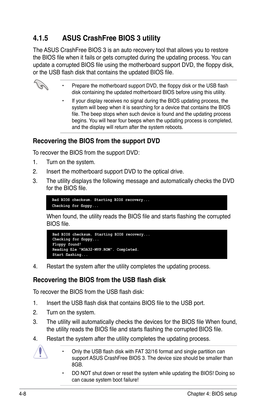 5 asus crashfree bios 3 utility, Recovering the bios from the support dvd, Recovering the bios from the usb flash disk | Asus DELUXE SERIES M3A32-MVP User Manual | Page 80 / 176