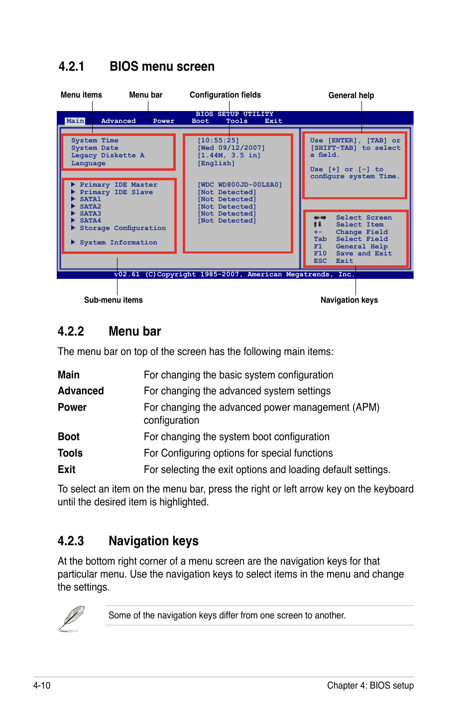 2 menu bar, 3 navigation keys, 1 bios menu screen | Asus DELUXE SERIES M3A32-MVP User Manual | Page 82 / 176