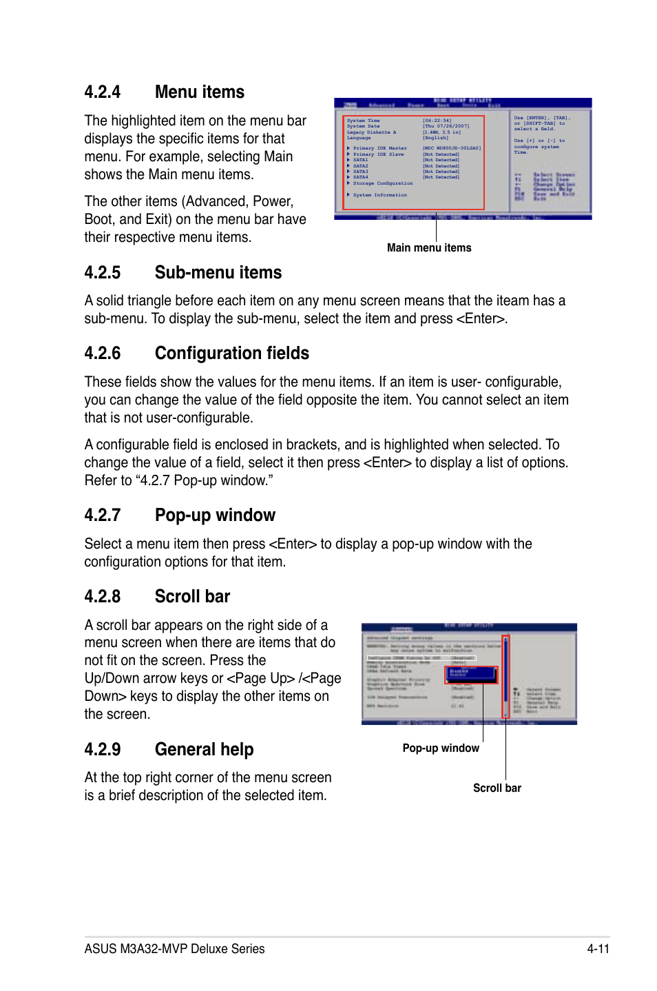 4 menu items, 5 sub-menu items, 6 configuration fields | 7 pop-up window, 8 scroll bar, 9 general help | Asus DELUXE SERIES M3A32-MVP User Manual | Page 83 / 176