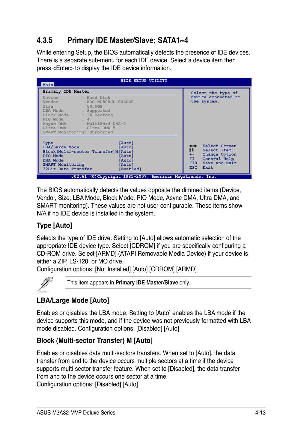 5 primary ide master/slave; sata1~4, Type [auto, Lba/large mode [auto | Block (multi-sector transfer) m [auto | Asus DELUXE SERIES M3A32-MVP User Manual | Page 85 / 176