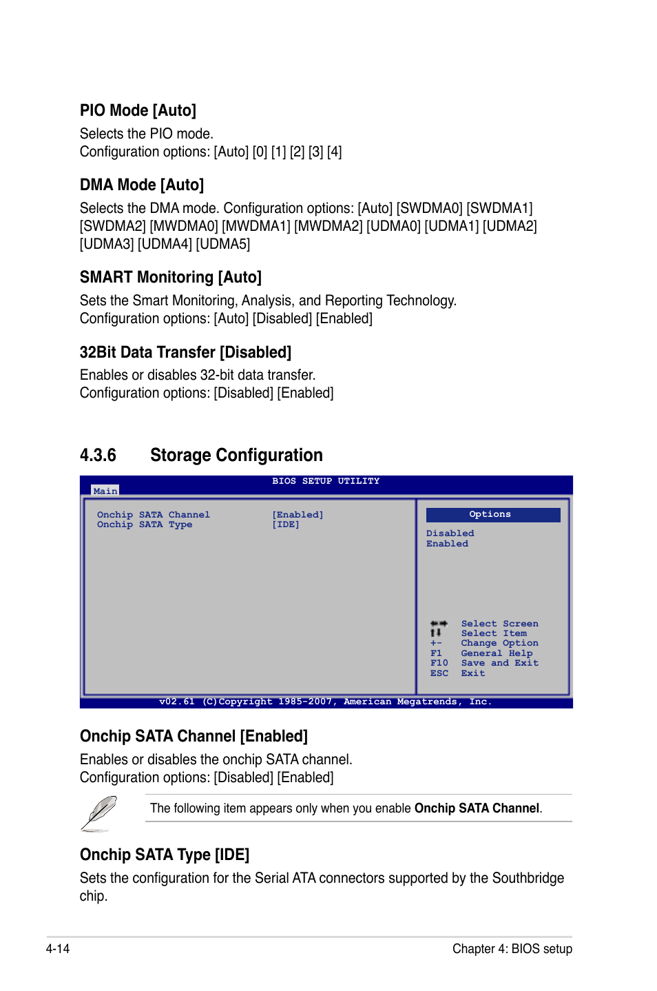 6 storage configuration, Pio mode [auto, Dma mode [auto | Smart monitoring [auto, 32bit data transfer [disabled, Onchip sata channel [enabled, Onchip sata type [ide | Asus DELUXE SERIES M3A32-MVP User Manual | Page 86 / 176