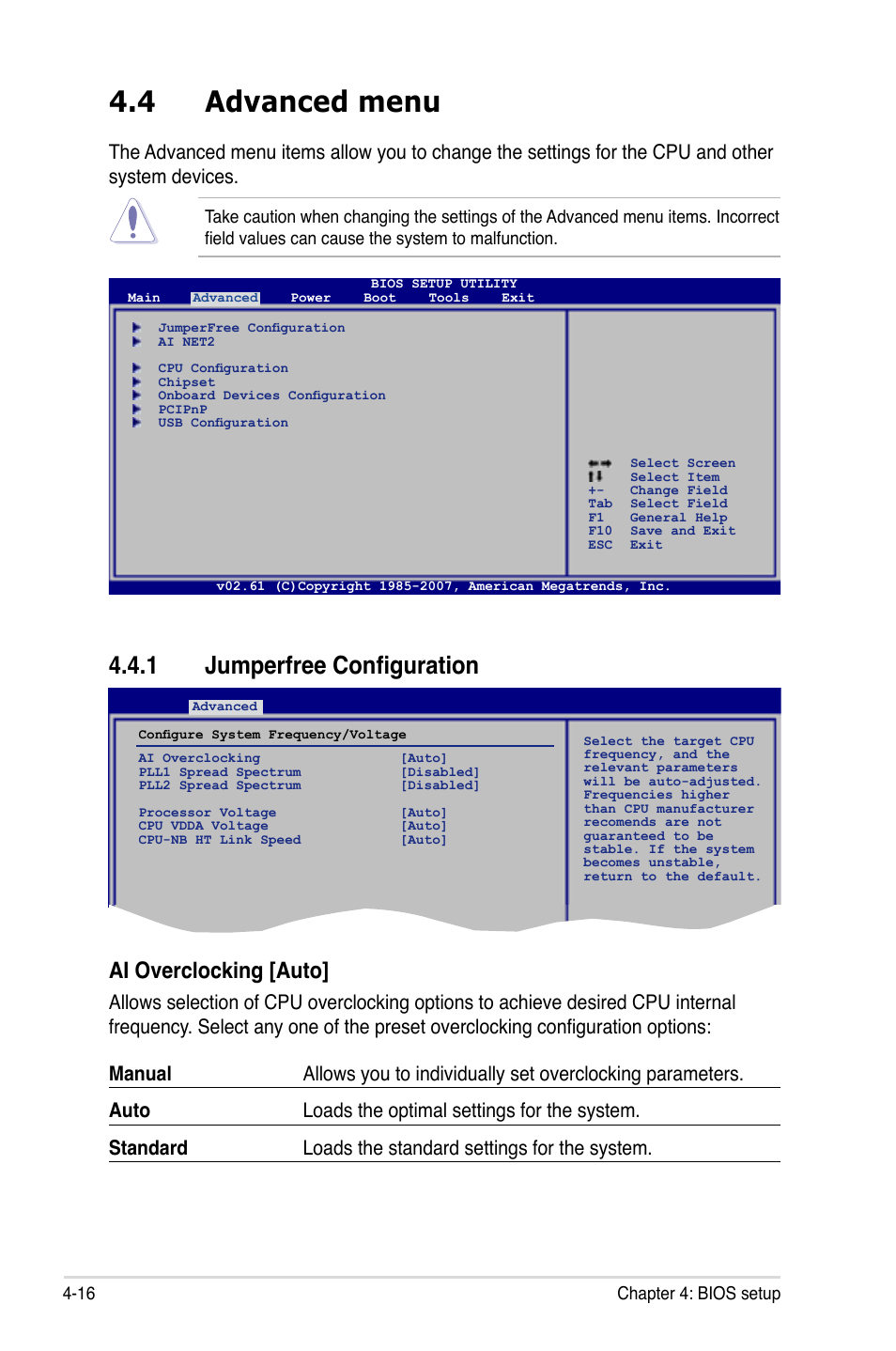 4 advanced menu, 1 jumperfree configuration, Ai overclocking [auto | Asus DELUXE SERIES M3A32-MVP User Manual | Page 88 / 176