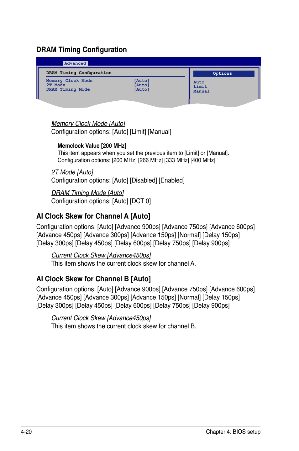 Ai clock skew for channel a [auto, Ai clock skew for channel b [auto, Dram timing configuration | Asus DELUXE SERIES M3A32-MVP User Manual | Page 92 / 176