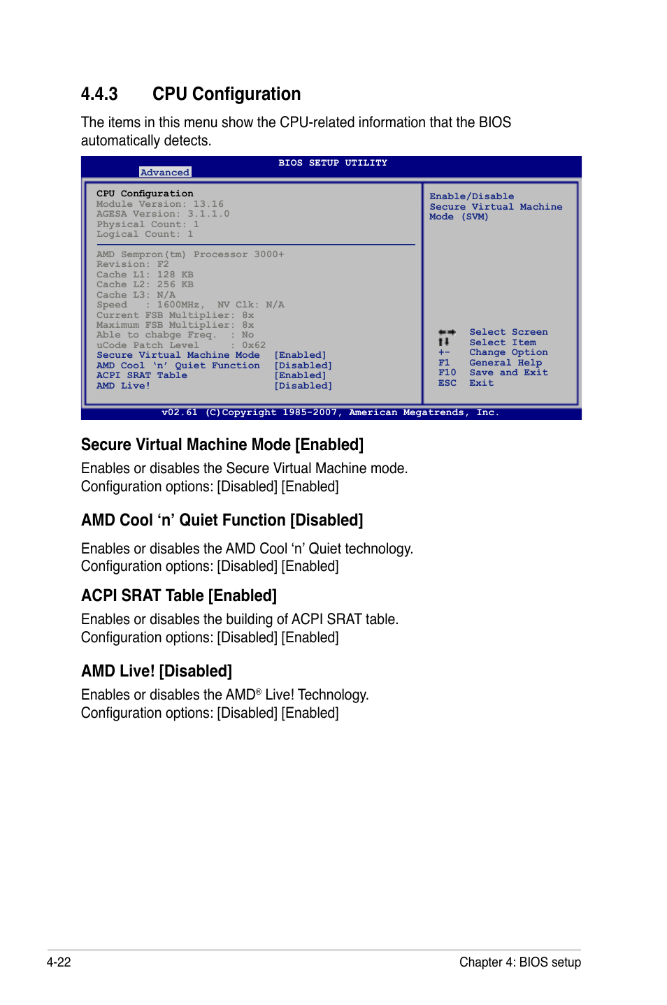 3 cpu configuration, Secure virtual machine mode [enabled, Amd cool ‘n’ quiet function [disabled | Acpi srat table [enabled, Amd live! [disabled, Enables or disables the amd | Asus DELUXE SERIES M3A32-MVP User Manual | Page 94 / 176