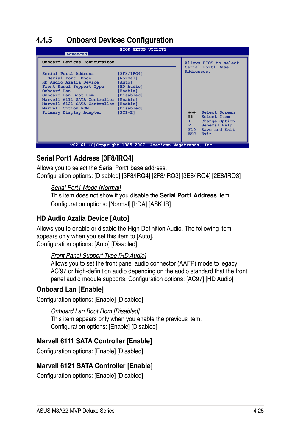 5 onboard devices configuration, Serial port1 address [3f8/irq4, Hd audio azalia device [auto | Onboard lan [enable, Marvell 6111 sata controller [enable, Marvell 6121 sata controller [enable, Configuration options: [enable] [disabled | Asus DELUXE SERIES M3A32-MVP User Manual | Page 97 / 176