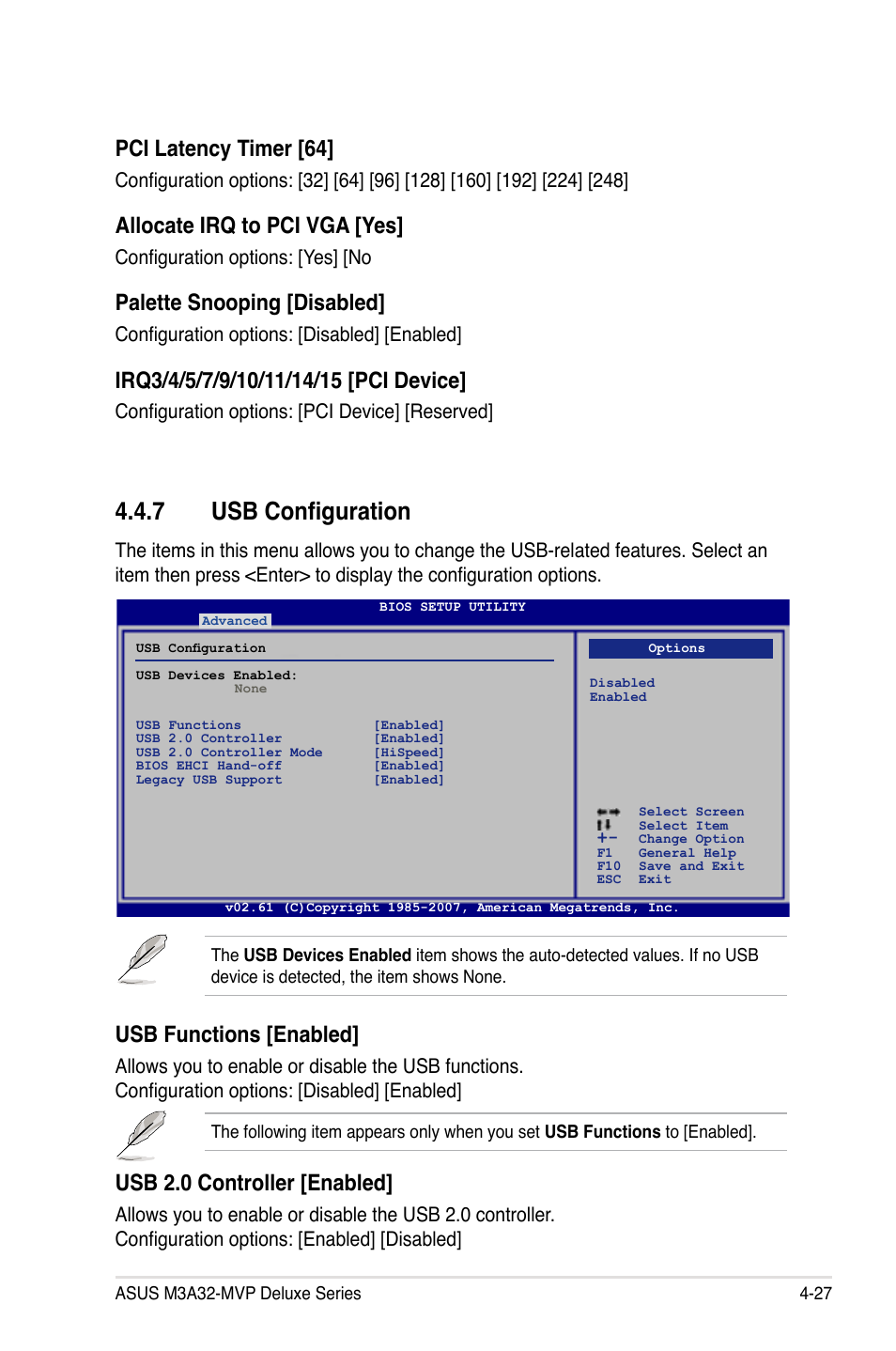 7 usb configuration, Usb functions [enabled, Usb 2.0 controller [enabled | Pci latency timer [64, Allocate irq to pci vga [yes, Palette snooping [disabled, Configuration options: [yes] [no, Configuration options: [disabled] [enabled, Configuration options: [pci device] [reserved | Asus DELUXE SERIES M3A32-MVP User Manual | Page 99 / 176