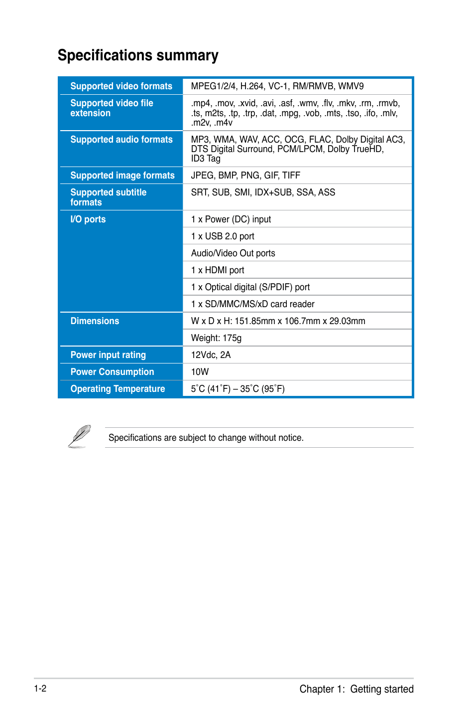 Specifications summary, Specifications summary -2 | Asus O!PLAY MINI E6072 User Manual | Page 10 / 44