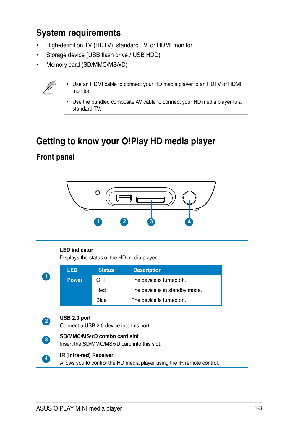 System requirements, Getting to know your o!play hd media player, Front panel | Front panel -3 | Asus O!PLAY MINI E6072 User Manual | Page 11 / 44