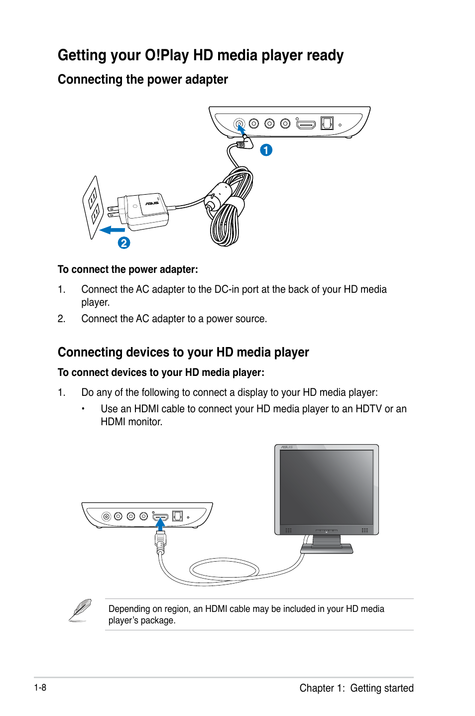 Getting your o!play hd media player ready, Connecting the power adapter, Connecting devices to your hd media player | Getting your o!play hd media player ready -8 | Asus O!PLAY MINI E6072 User Manual | Page 16 / 44