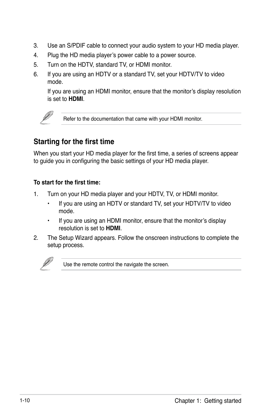 Starting for the first time, Starting for the first time -10 | Asus O!PLAY MINI E6072 User Manual | Page 18 / 44