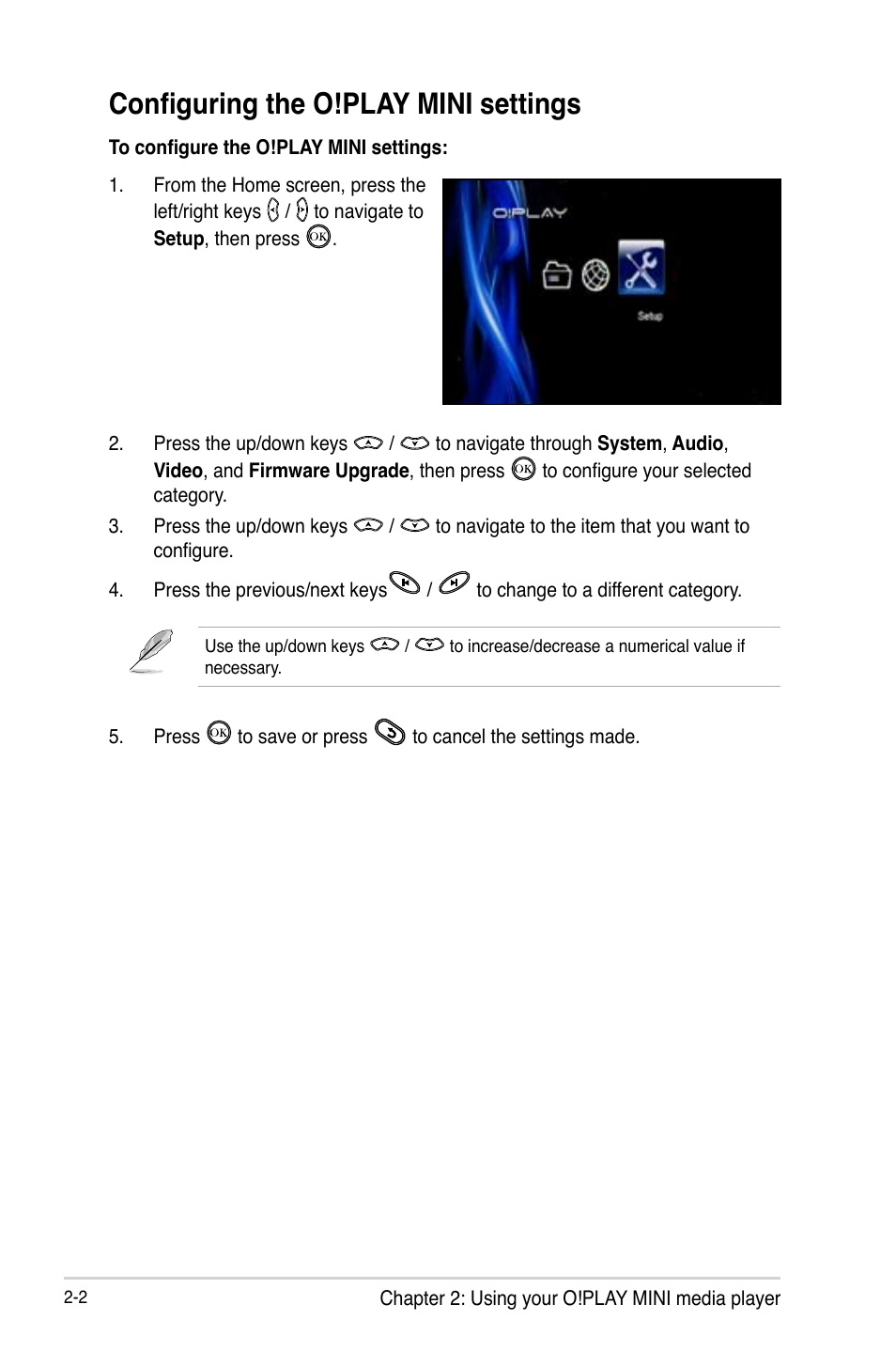 Configuring the o!play mini settings, Configuring the o!play mini settings -2 | Asus O!PLAY MINI E6072 User Manual | Page 20 / 44