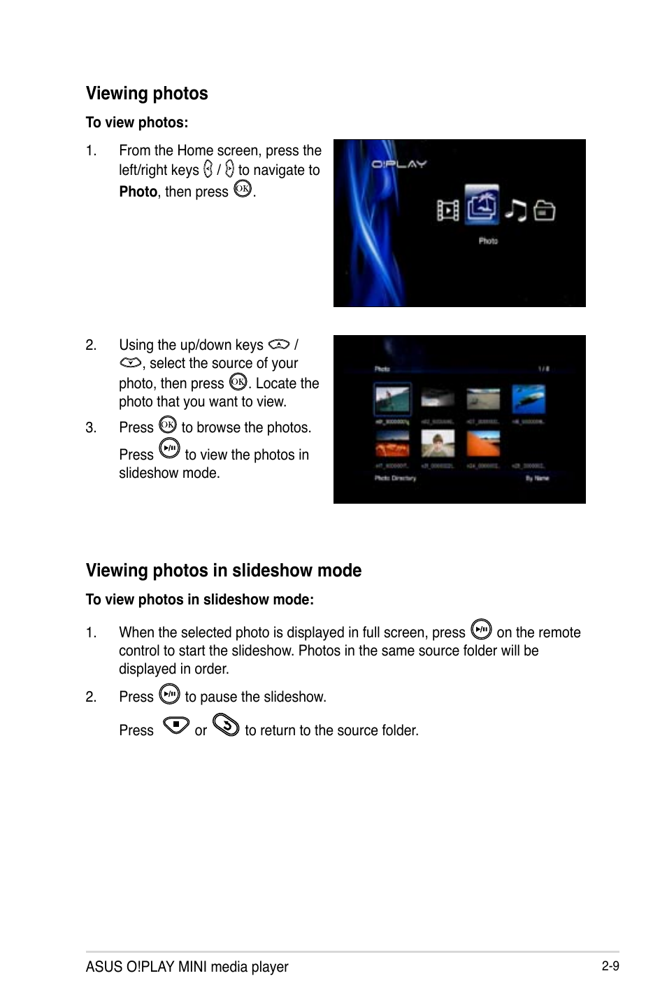 Viewing photos, Viewing photos in slideshow mode | Asus O!PLAY MINI E6072 User Manual | Page 27 / 44