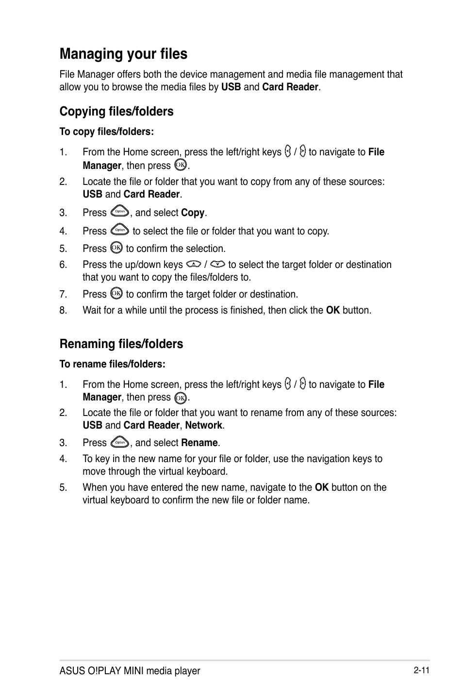 Managing your files, Copying files/folders, Renaming files/folders | Managing your files -11 | Asus O!PLAY MINI E6072 User Manual | Page 29 / 44