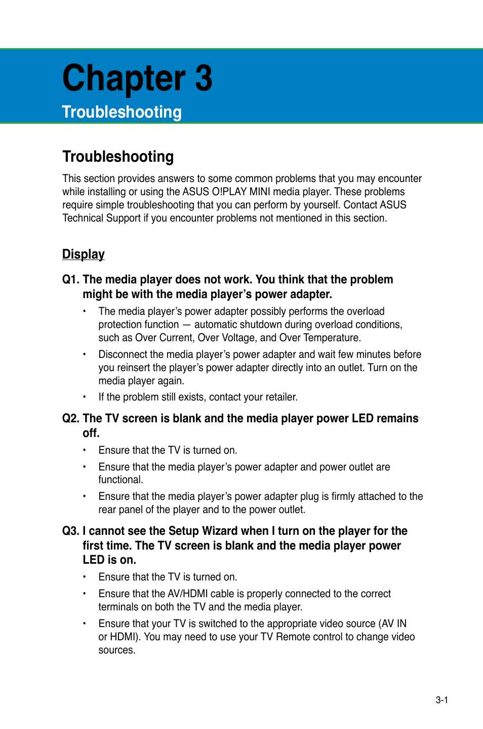 Chapter 3: troubleshooting, Troubleshooting, Display | Troubleshooting -1, Display -1, Chapter 3 | Asus O!PLAY MINI E6072 User Manual | Page 31 / 44