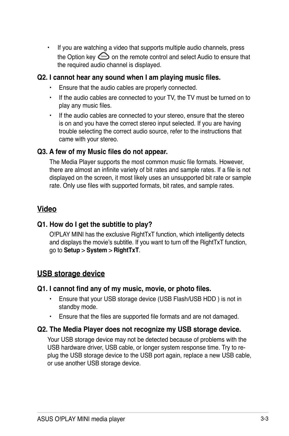 Video, Usb storage device, Video -3 usb storage device -3 | Asus O!PLAY MINI E6072 User Manual | Page 33 / 44