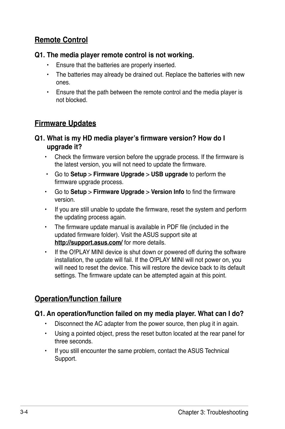Remote control, Firmware updates, Operation/function failure | Asus O!PLAY MINI E6072 User Manual | Page 34 / 44