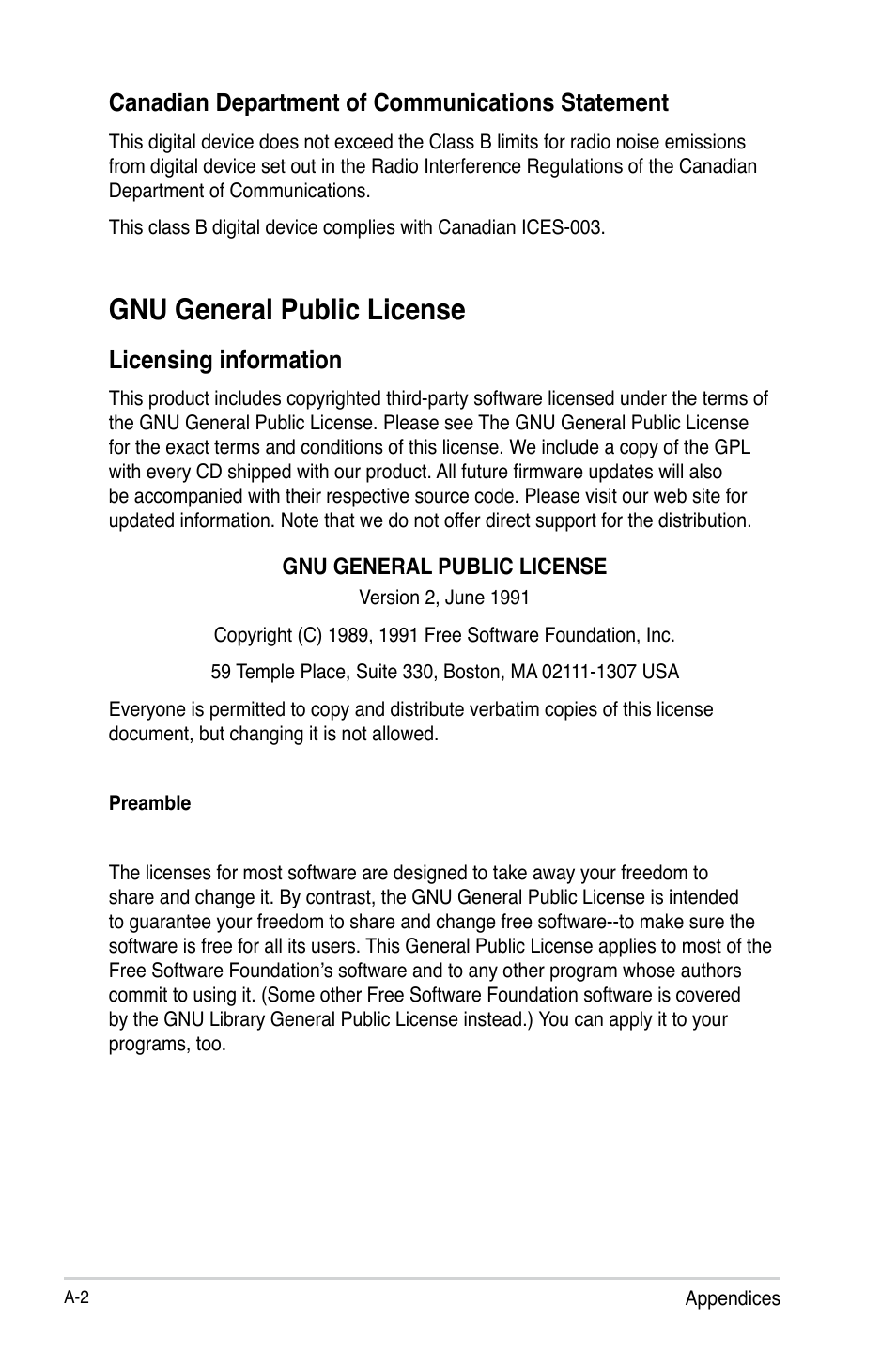 Gnu general public license, Canadian department of communications statement, Licensing information | Asus O!PLAY MINI E6072 User Manual | Page 38 / 44