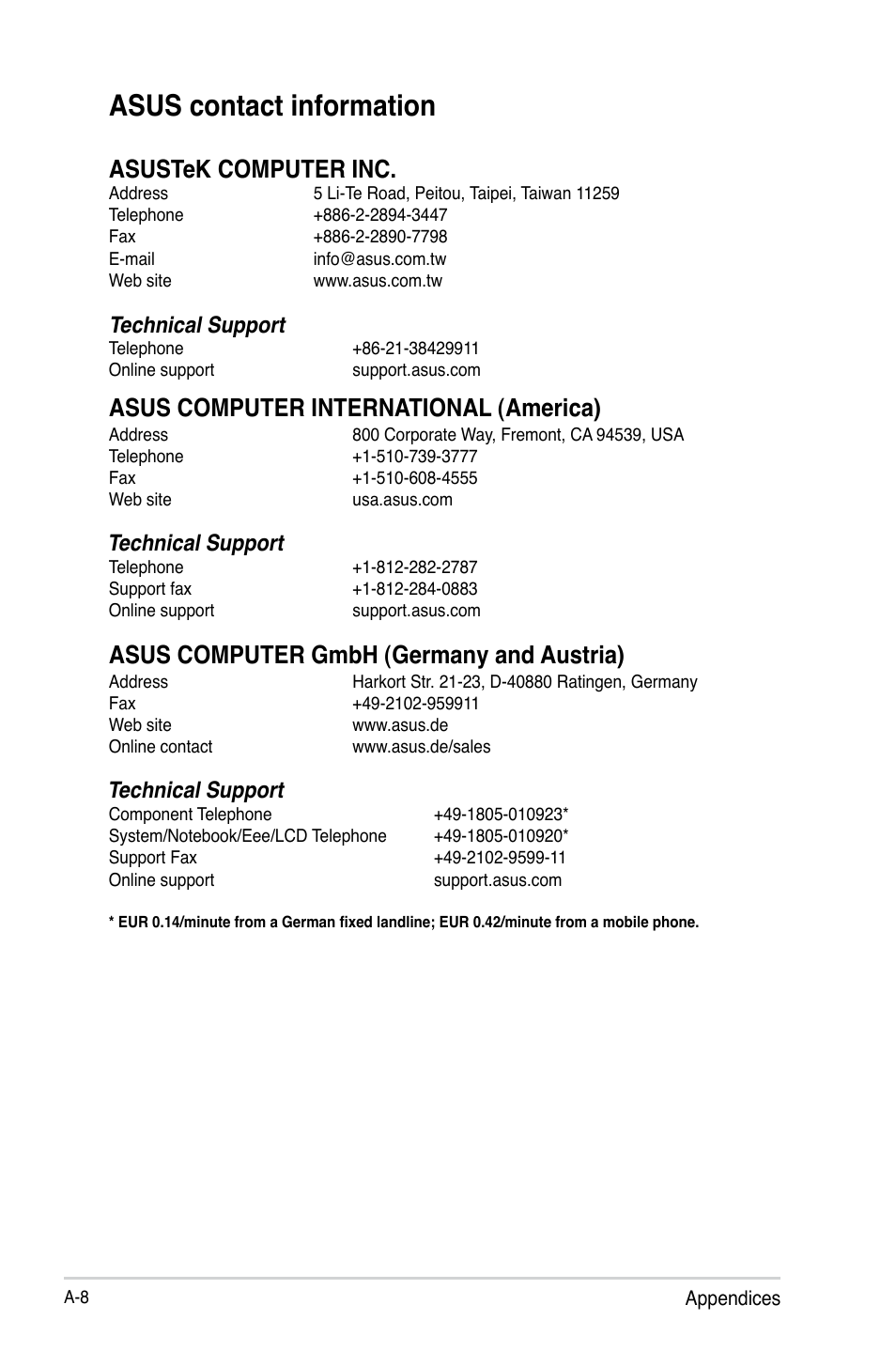 Asus contact information, Asustek computer inc, Asus computer international (america) | Asus computer gmbh (germany and austria), Technical support | Asus O!PLAY MINI E6072 User Manual | Page 44 / 44