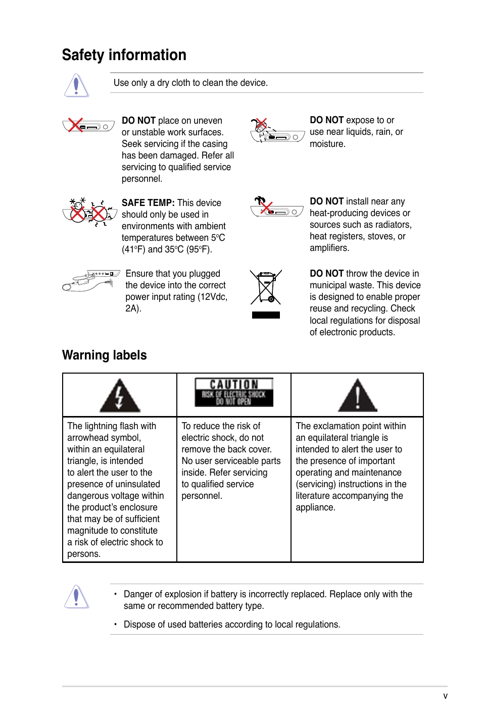 Safety information, Warning labels | Asus O!PLAY MINI E6072 User Manual | Page 5 / 44