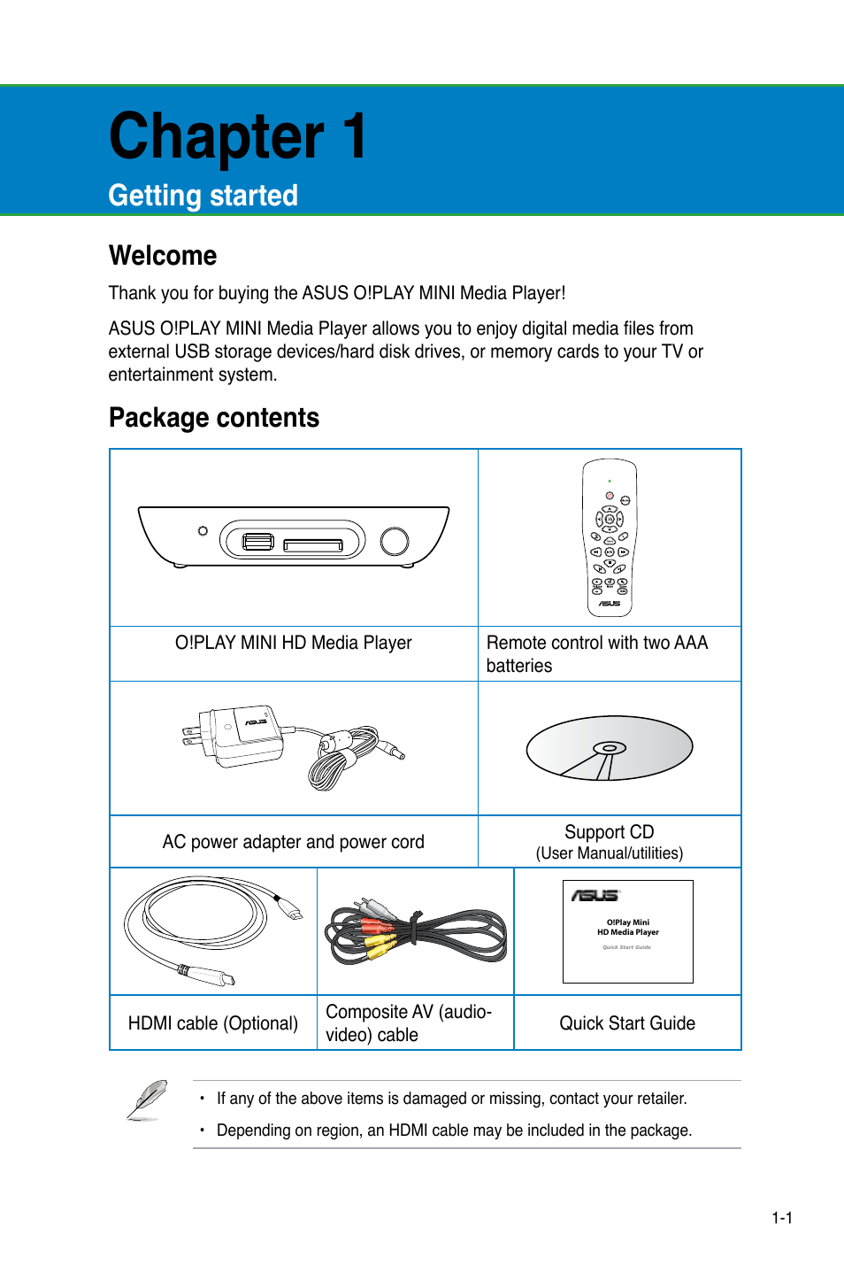 Chapter 1: getting started, Welcome, Package contents | Getting started, Welcome -1 package contents -1, Chapter 1 | Asus O!PLAY MINI E6072 User Manual | Page 9 / 44