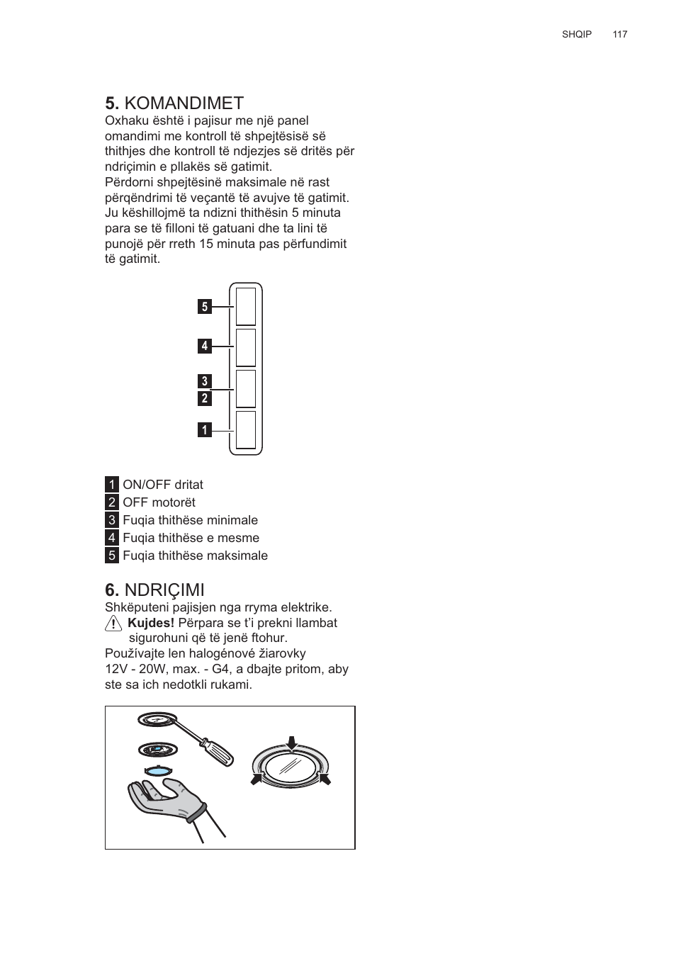 Komandimet, Ndriçimi | AEG X56143MD0 User Manual | Page 117 / 128